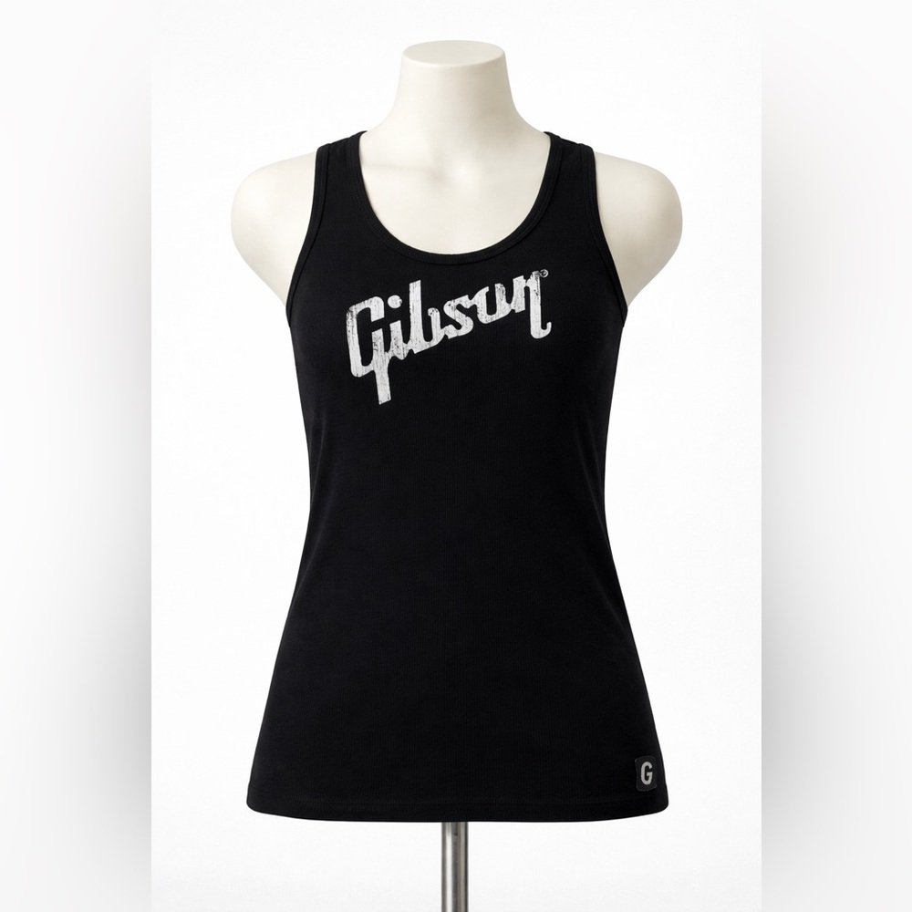 Women’s Gibson Ribbed Tank Top Black Graphic Logo Size Large Casual Y2K